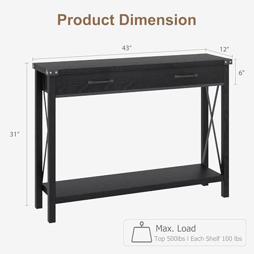 IDEALHOUSE Console Table with 2 Drawers, Farmhouse Sofa Table with Storage Shelf, Accent Wood Entryway Table for Living Room, Hallway, Foyer-Black