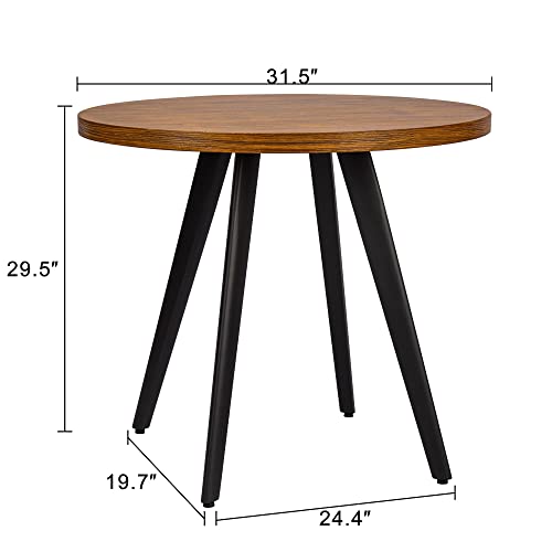 31.5" Round Mid-Century Modern Dining Table, Seats 2-4, 1.4" Thick Wood Grain Top for Dining Room, Living Room, Small Spaces (Brown)