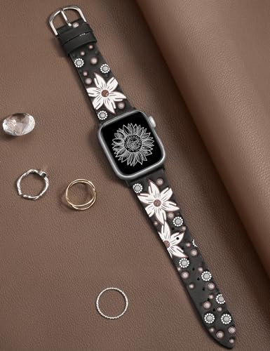 Minyee Leather Band Compatible with Apple Watch Band 38mm 40mm 41mm Women, Dressy Designer Embossed Black Leather Wristband Sunflower Pattern Strap for iWatch Ultra 2, Series 9/8/7/6/5/4/3/2/1/SE