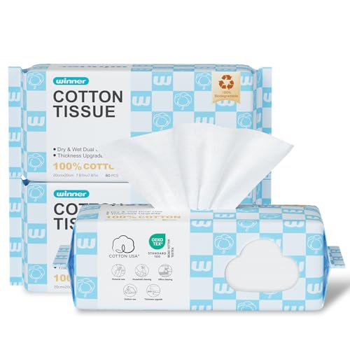 Winner Disposable Face Towels Upgraded | 100% USA Cotton Face Towelettes | Super Soft & Thick Face Cloths for Sensitive Skin | Makeup Remover Dry Wipes | 240 Count, 3 Pack