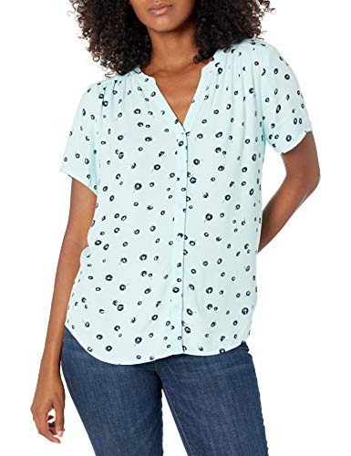 Amazon Essentials Women's Relaxed-Fit Short-Sleeve Woven Blouse, Aqua Blue Poppy, X-Small