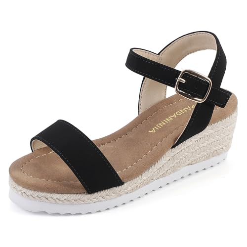 PANDANINJIA Girls Wedge Sandals Platform Espadrille Little Big Kid Girls Black Heels Open Toe Summer Dress Shoes Size 1