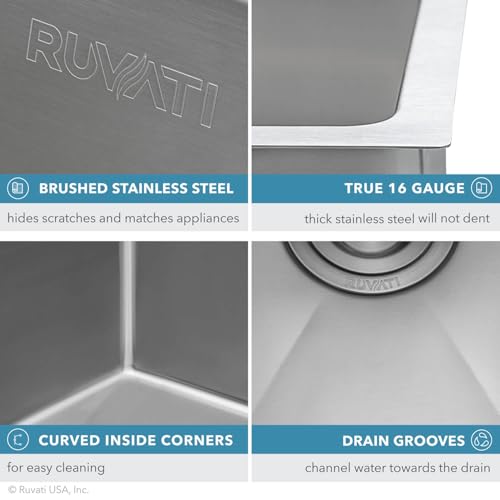 Ruvati 28-inch Rounded Corner Undermount Kitchen Sink Single Bowl – Durable 16 Gauge Stainless Steel Kitchen Sink with Brushed Finish hides scratches, Easy-to-Clean Undermount Sink - RVH7250