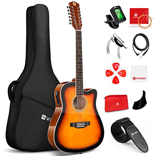 Vangoa 12 String Guitar Acoustic Electric Full Size, Upgraded Guitar 12 Strings Bundle for Beginner Intermediate Adults Teens, Guitarra de 12 Cuerdas, Sapele Body Bone Nut,Sunburst Glossy
