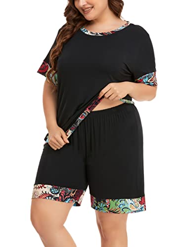 ZERDOCEAN Women's Plus Size Soft Sleepwear Pajamas Set Short Sleeve Tops with Shorts Nightwear Pj Lounge Sets Black+paisleyrim 1X