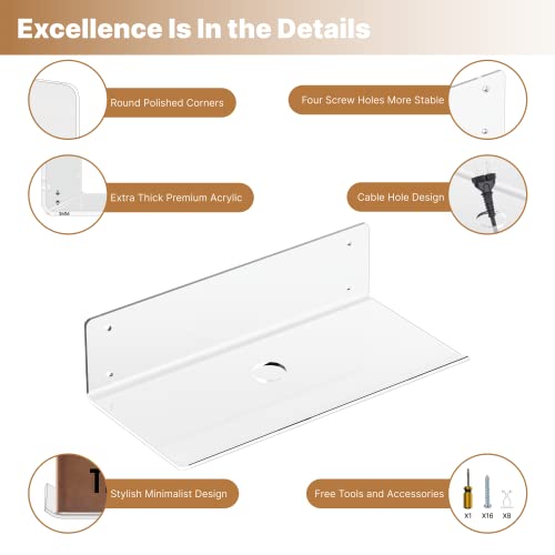 Clear Acrylic Floating Shelves 4 Pack, 15'' Wall Mounted Shelves for Bedroom, Bathroom, Living Room, Gaming Room with Free Tool and Accessories