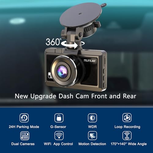 Dash Cam Front and Rear 2.5K+1080P FHD WiFi Dual Dash Camera for Cars, 170° Angle Dashboard Camera with 64G SD Card, App Control,3” IPS Screen,Night Vision,Parking Mode,G-Sensor,WDR,Loop Recording