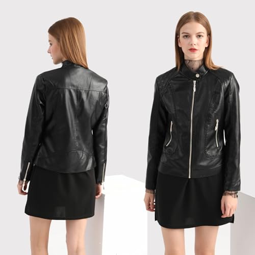 Women's Trendy Faux Leather Jacket Moto Short Jacket Fashion PU Jacket Coat (S, Black)