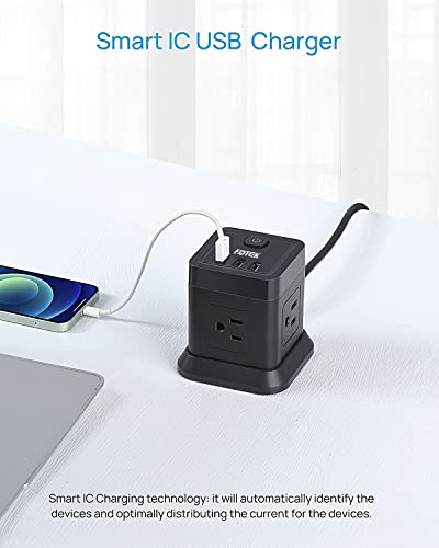 Power Strip with USB, FDTEK Flat Plug Extension Cord with 4 AC and 3 USB, 5 FT Power Cord Desktop Charging Station, Overload Protection, Compact Portable for Travel Home Office Cruise Ship - Black