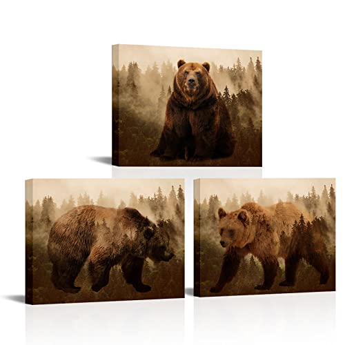 OuElegent Brown Bear Canvas Wall Art Forest Animal Art Print Painting Picture 3 Pieces Stretched and Framed for Living Room Bedroom Bathroom (small)