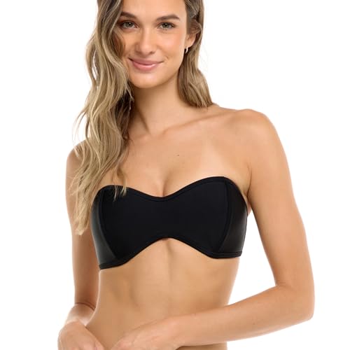 Body Glove Women's Standard Smoothies Tainted Love Solid Retro Bandeau Bikini Top Swimsuit, Black