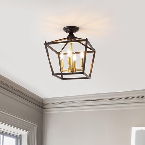 JONATHAN Y JYL7610G Plains Mini Lantern 12" 4-Light Iron Modern Farmhouse LED Flush Mount, Office, Living Room, Family Room, Dining Room, Bedroom, Hallway, Foyer, Oil Rubbed Bronze/Brass Gold