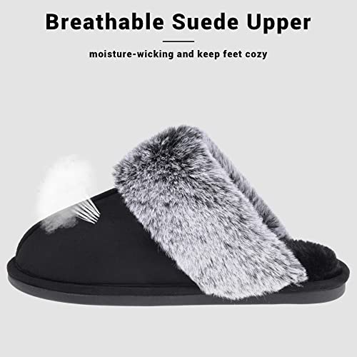 VANSARTO Women's Comfy Faux Fur Scuff Slippers Micro Suede Memory Foam Slip on Fuzzy Slide House Shoes Anti-Skid Sole, Brown, Size 5-6