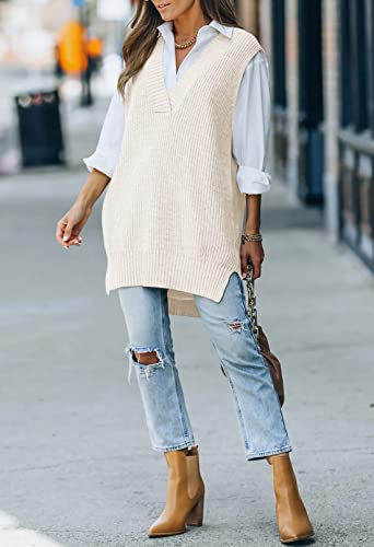 Viottiset Women's Oversized Sweater Vest V Neck Tunic Sleeveless Pullover Knit Top Checkered Light Blue M