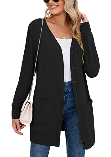 Heymoments Cardigan Sweater for Women Navy Blue Medium Lightweight Open-Front Long Sleeve Causal Button Down Soft Outwear Tops with Pockets
