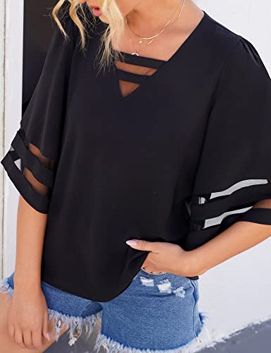 LookbookStore Going Out Tops for Women Blouses for Women Dressy Casual 2024 Summer Black Cute Tops 3/4 Bell Sleeve Loose Shirt Tops to Wear with Leggings Black Blouse Size XL Size 16 18