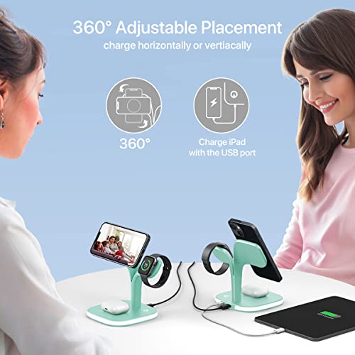 EXW Charging Station, Magnetic Wireless Charger, 5 in 1 Fast Mag-Safe Wireless Charger Stand for iPhone 16,15 14,13,12 Pro/Max/Mini/Plus, Apple Watch 9/8/7/6/SE/5/4/3/2 and Airpods 3/2/Pro/Pro(Green)