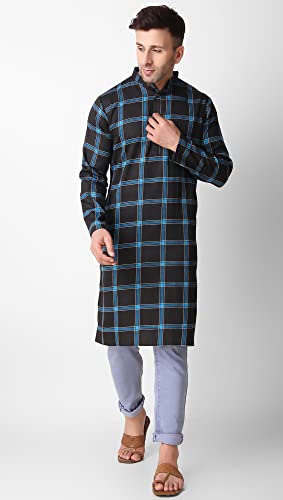 SKAVIJ Mens Cotton Full Sleeve Straight Checked Tunic Kurta (Blue, Mudium)