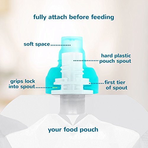 ChooMee SoftSip Food Pouch Top | Baby Led Weaning | No Spill Flow Control Valve, Protects Childs Mouth, 100% Silicone, BPA Free | 2CT Aqua Purple