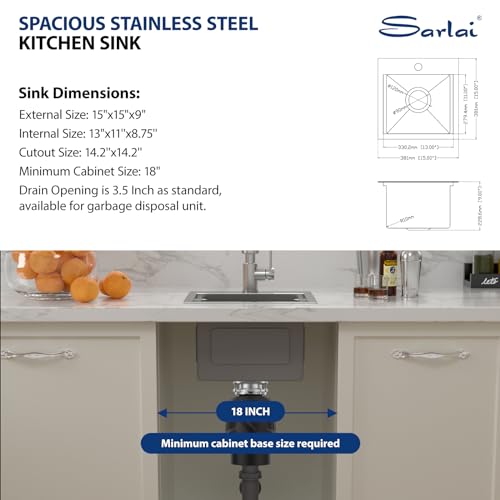 Sarlai 15 Bar Sink Drop In -15x15 Inch Kitchen Bar Sink Stainless Steel 16 Gauge Ledge Workstation Single Bowl Topmount Kitchen RV Wet Bar Outdoor Camper Small Drop Sink