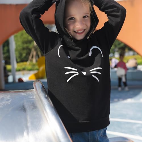 PATPAT Girl's Cute Cat Ear Hoodies Long Sleeve Causal Plain Hoodie Sweatshirt Shirt 5-6 Years Black