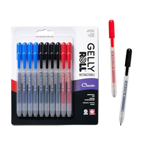 SAKURA Gelly Roll Retractable Gel Pens Colored - Classic Color Set - Medium Point Ink Pen for Journaling, Art, or Drawing - With Black, Blue & Red Ink - 10 Pack