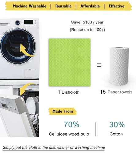 MoLKENE Swedish Dishcloths for Kitchen | 6 Pack Absorbent Cellulose Sponge Cloths Washable | Non-Scratch Reusable Paper Towels Quick Drying Cleaning Cloths - Green