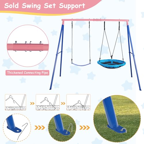Lunafun Outdoor Swings for Kids, 440lbs, Heavy-Duty A-Frame Metal Outdoor Swing Stand, 1 Saucer & 1 Belt Swing Seat for Playground, Backyard Blue