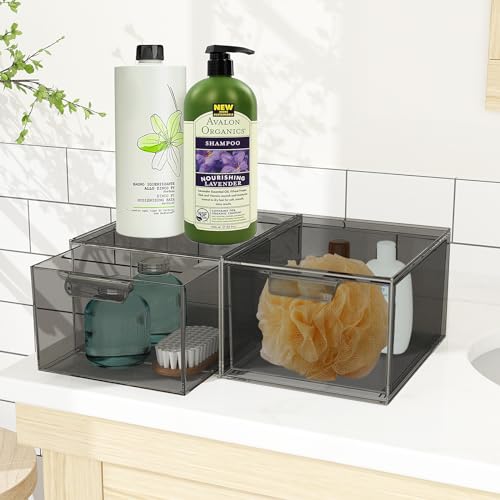 SpaceHacks Stackable Makeup Organizer and Storage, Acrylic Organizers,Clear Plastic Storage Drawer with Pull-Out Handles for Vanity, Undersink, Kitchen Cabinets, Pantry, Black