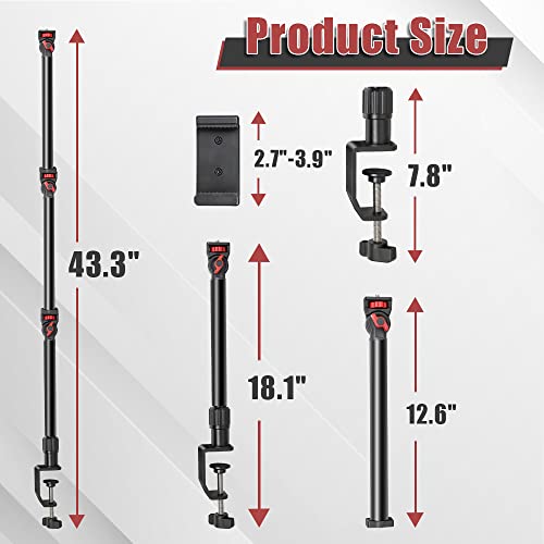 FOUTOUKEEP Overhead Camera Mount with 1/4“ 3/8" 5/8" Screws, Adjustable 3-Section Camera Desk Mount with 180° Range & 360° Base DSLR Camera Stand