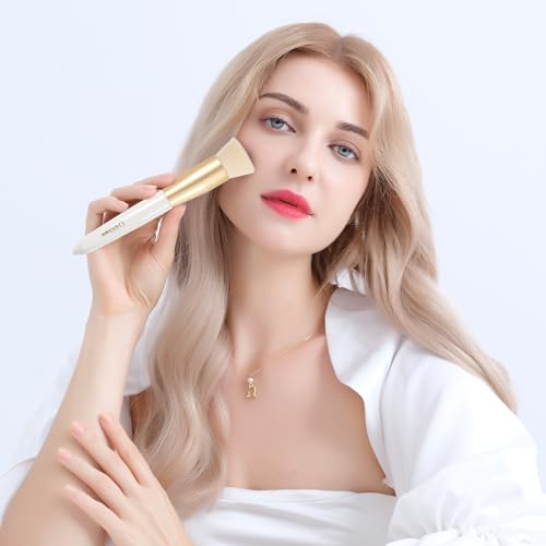 DUcare Foundation Brush for Liquid Makeup, Flat Top Kabuki Synthetic Professional Makeup Brushes Liquid Blending Powder Buffing Stippling Concealer Makeup Brush,White/Gold