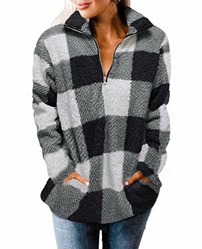 ZESICA Women's Plaid Long Sleeve Zipper Sherpa Fleece Sweatshirt Pullover Jacket Coat with Pockets,Black,Small