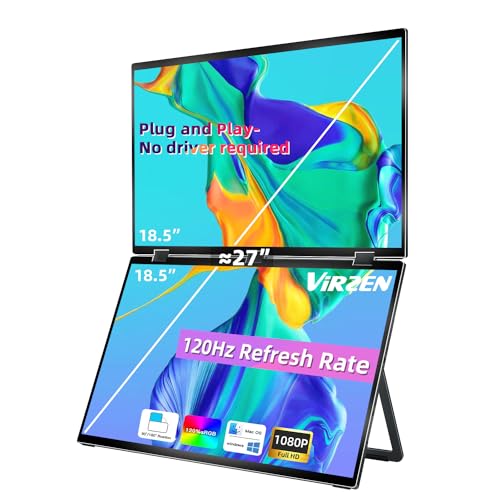 Virzen Triple Screen Extender 120hz 18.5" Portable FHD 1080P Monitor Folding Stacked Travel Monitor Automatic Rotation for Windows Mac OS Kickstand VESA Mountable