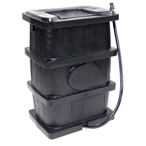 FCMP Outdoor Slim Line Design 45-Gallon Wood Grain Outdoor Home Rain Water Catcher Barrel Flat Back Container with Spigots and Mesh Screen, Black