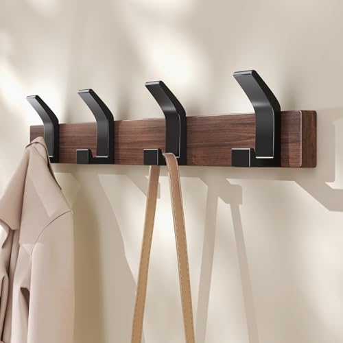 Statiem Coat Rack Wall Mount Coat Hooks, Wooden Black Coat Rack with 4 Hooks Aluminum Wall Hook Rack for Hanging Coat Hat Bag Towel Hanger Rustproof Walnut Wood Coat Holder 15.7 Inches