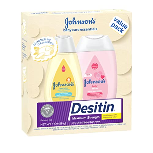 Johnson's Baby Care Essentials Gift Set, Baby Skincare Set with Body Wash & Shampoo, Body Lotion, & Zinc Oxide Diaper Rash Paste for Baby's Delicate Skin, Value Pack, Travel-Size, 3 Items