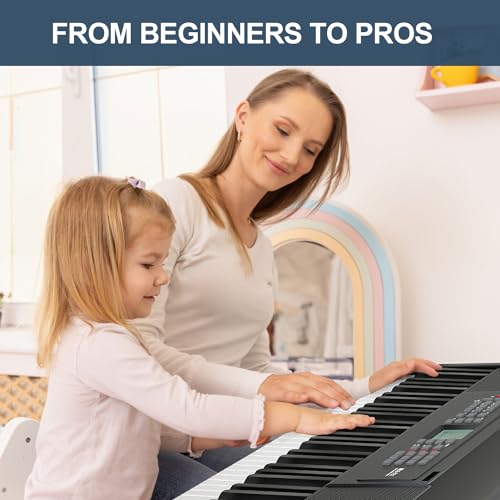 61 Key Keyboard Piano, Portable Electric Piano Keyboard w/LCD Screen, Built-In Speakers, Headphones, Stand, Stool, Music Rest, Microphone, 300 Timbres, 300 Rhythms, Ideal for Beginner Adult