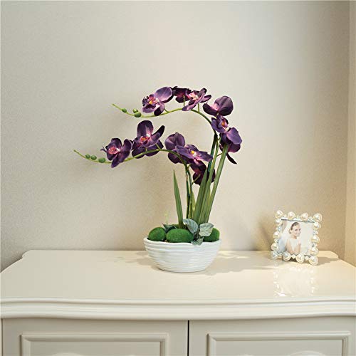 YSZL Large Artificial Potted Orchid Plant, Silk Flower Arrangement with Ceramics Vase, Purple Blue