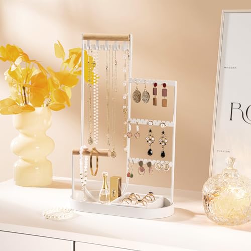 ProCase Jewelry Organizer Jewelry Holder Jewelry Stand with Velvet Ring Tray and Study Metal Frame, Necklace Holder Organizer Bracelet Display Storage Rack for Studs Rings -White