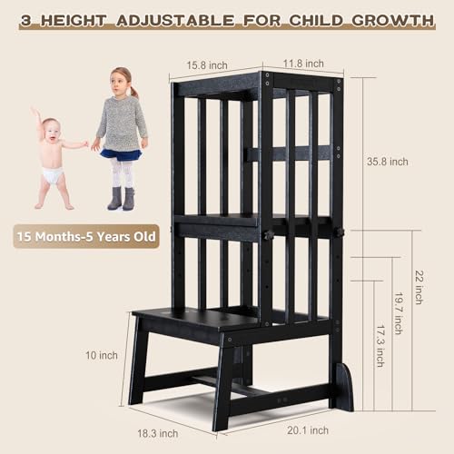 DORPU Toddler Tower, Adjustable Height Kids Kitchen Step Stool with CPC Certification, Unique Patents with Safety Rail & Anti-tip & Non-Slip Mat & Vertical Guardrail Toddler Kitchen Stool๏ผBlack๏ผ