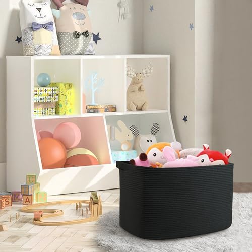 MEGASKET Extra Large Rectangle Storage Basket, 23.6" x 17" x 12" Black Blanket Basket Storage for Living Room, Large Soft Woven Cotton Rope Basket, Kids Toy Baskets Organizer Bins, Wicker Basket
