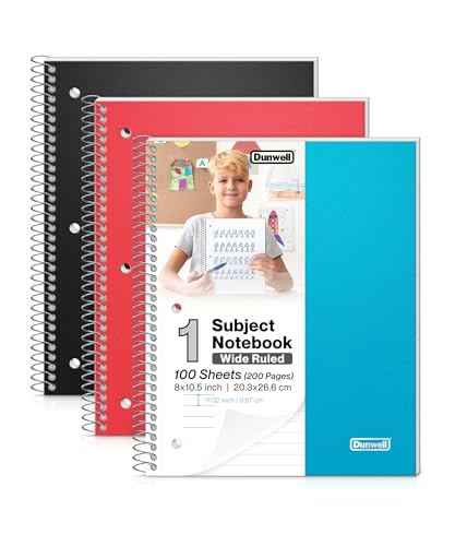 Dunwell 1 Subject Wide Ruled Spiral Notebooks, (3-Pack, Red Blue Black) Plastic Cover Notebooks, 100 Sheets, 8x10.5 Wide Rule Notebook for School, Kids, Perforated Pages, 3 Single Subject Notebooks