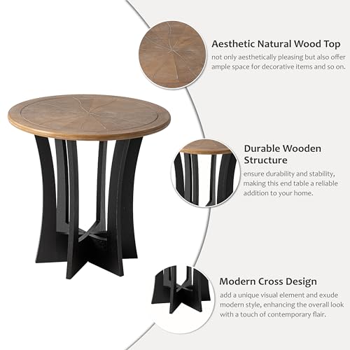 COZAYH Farmhouse Round End Table with Criss-Cross Wood Legs, Rustic French Country Side Table for Dinning or Living Room, Modern, Black, Natural Wood, 23.62’’W*23.62’’D*23.22’’H
