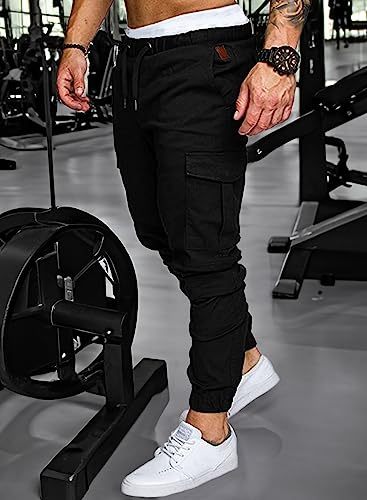 JMIERR Men's Fashion Cargo Pants - Casual Cotton Tapered Stretch Twill Chino Athletic Joggers Sweatpants Lightweight Drawstring Workout Trousers with Pockets for Men, US 34(M), 1 Black