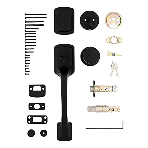 Kwikset Prague Front Door Lock Handle and Deadbolt Set, Entry Handleset Exterior with Interior Door Knob, Matte Black, Pick Resistant SmartKey Rekey Deadbolt Security, 98180-026