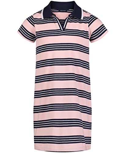 Nautica Girls' Short Sleeve Knit Pique Polo Dress, Coral Blush Stripe, 2T