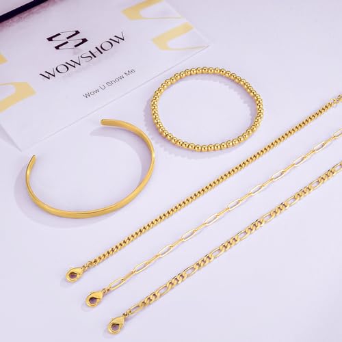 Wowshow Gold Bracelets for Women Bracelet Stack Set 14K Real Gold Plated Link Charm Bracelet Dainty Link Chain Stackable Charm Bracelets Adjustable Bangle Cuff Bracelet Pack Jewelry Gifts for Women 6.0 Inch