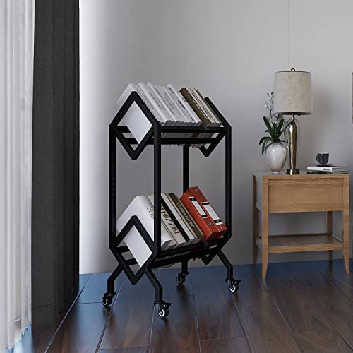 VEDECASA Bookshelf Book Rack Industrial Metal Bookcase 2 Tier Holder with Wheels Modern Stylish Design Magazines Files Album Recipe Book Storage Organizer for Sofa End Bed Beside