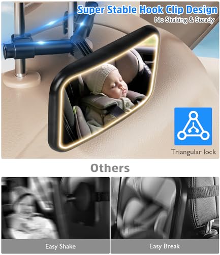 LJGVDXT Baby Car Mirror with Light Baby Mirror for Car Seat Rear Facing Hook Clip Design,360° Adjustable Car Seat Mirror for Baby Rear Facing Crystal Clear View, Shatterproof with Remote