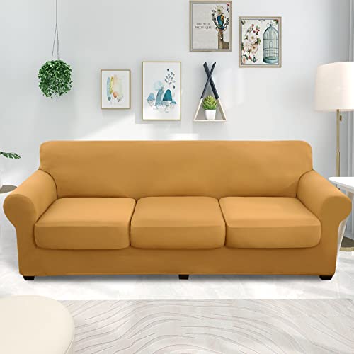 hyha 3 Pieces Couch Covers for 2 Cushion Couch, Love Seat Couch Covers, Sofa Covers Washable Stretch Loveseat Sofa Slipcover, Loveseat Covers with Elastic Straps (Loveseat, Camel)